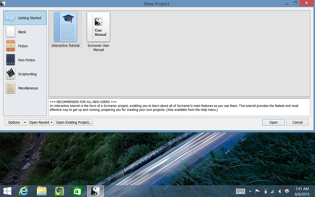 New Project window opens in fullscreen on Windows tablet - Scrivener ...