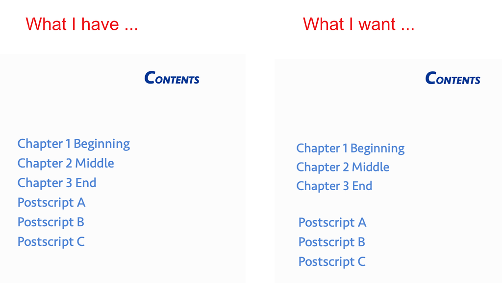 How to insert blank line in auto generated toc scrivener for macos 
