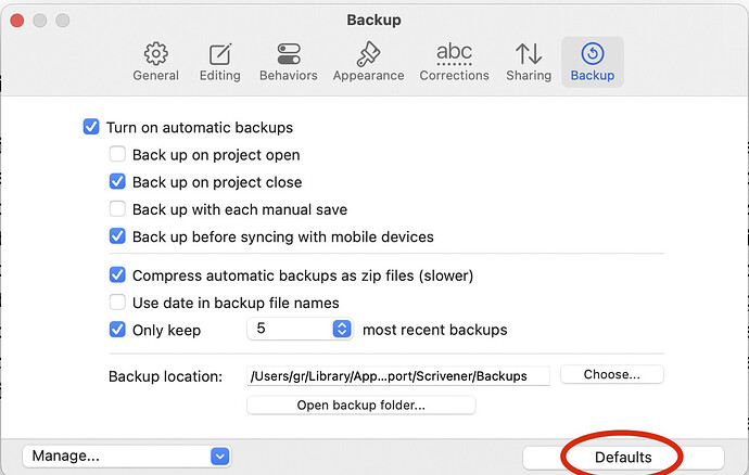 Scrivene > Settings... > Backup