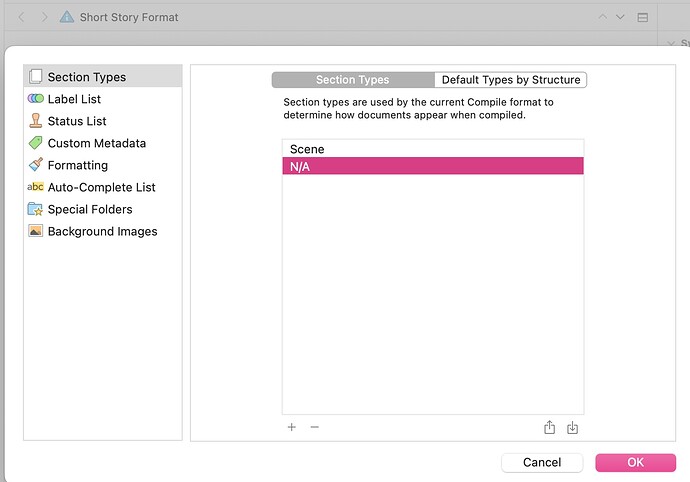na section type shorty story template scrivener 3 for macos
