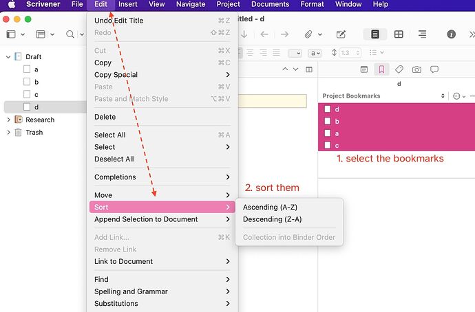 sorting project bookmarks in scrivener for mac may 2022