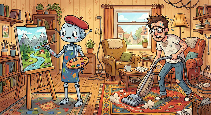 Firefly_Gemini Flash_A whimsical cartoon illustration of a cozy living room. On one side, a sleek, cute hu 826629