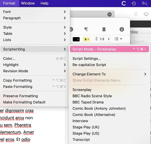 scrivener format scriptwriting shortcut