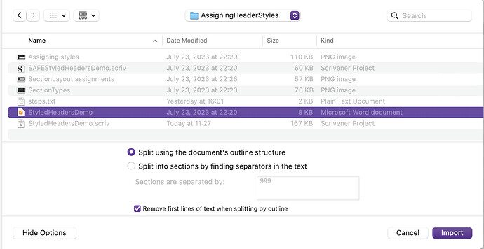 Import and Split settings