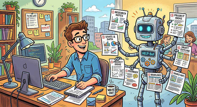 Firefly_cartoon image in a playful style of a male human in an office being highly productive 826629