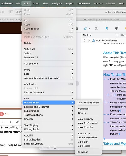 Writing ToolsMenu Option