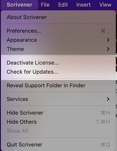 scrivener 3 direct purchase version - scrivener menu