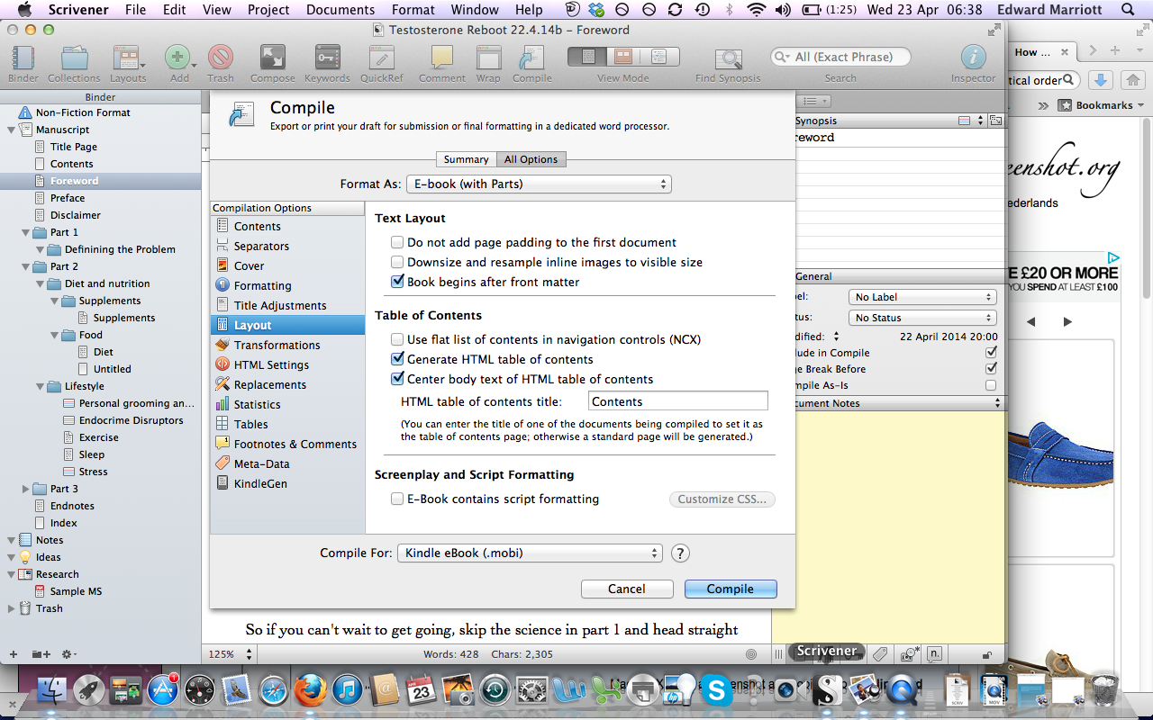 No table of contents options scrivener for macos literature latte