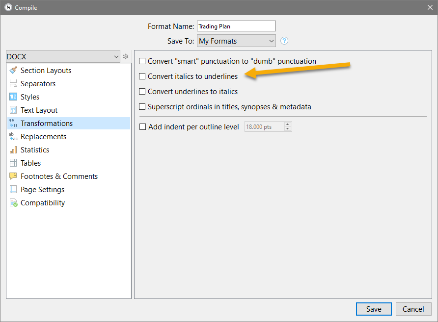 Compiling why italics to underline scrivener for windows