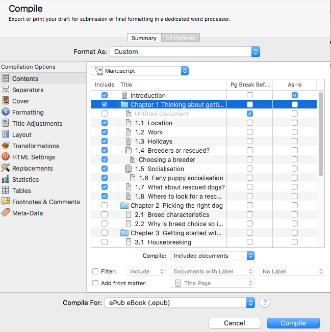 Table of contents and chapter problems scrivener for macos