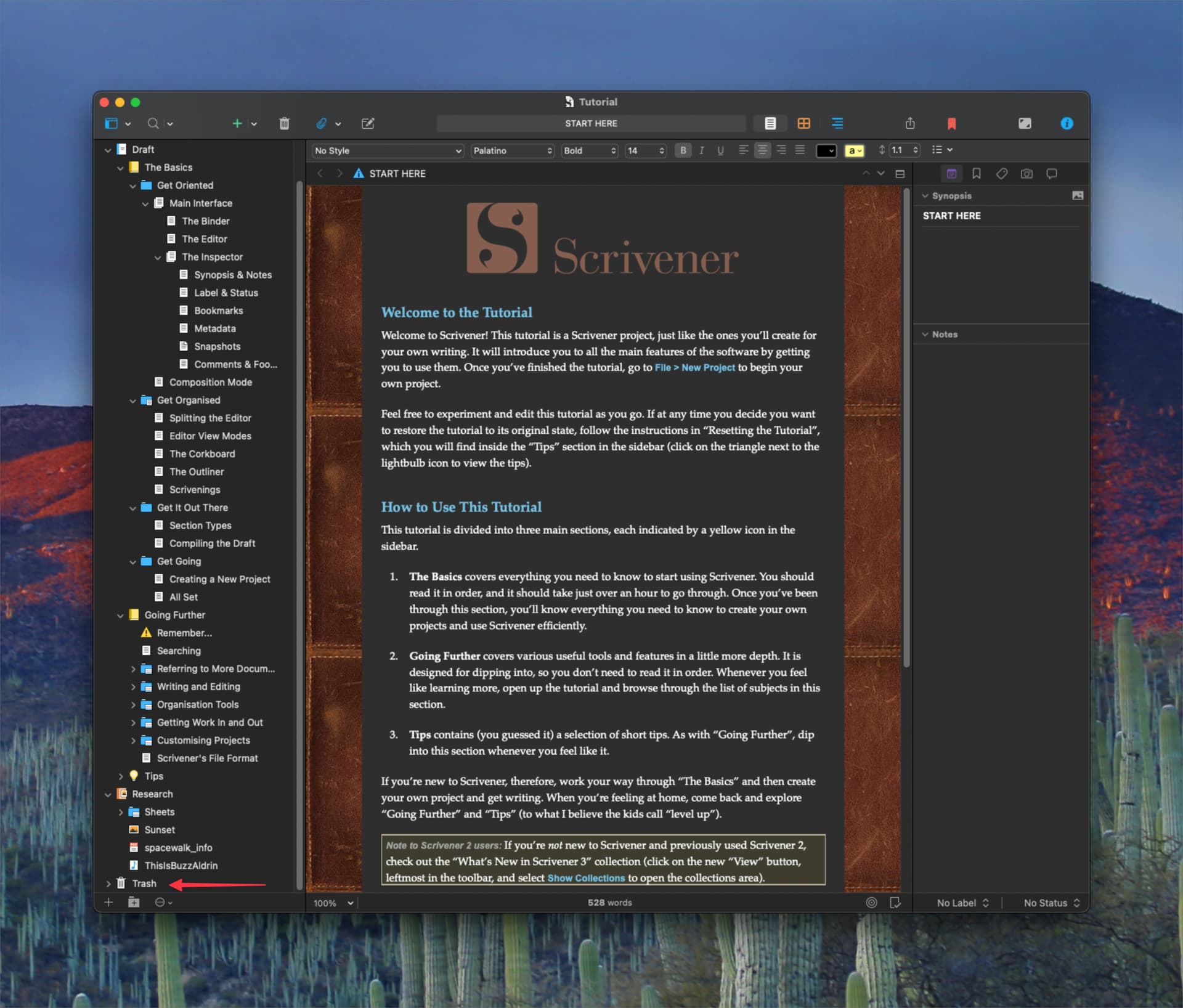 How can I show the Trash folder and its contents? - Scrivener for 