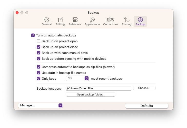 'Backup folder does not exist' Scrivener for macOS Literature