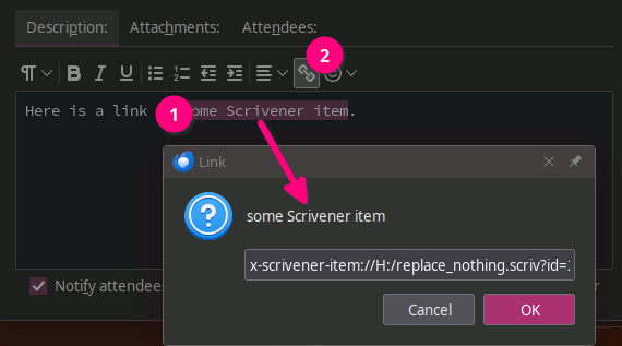 Adding a Scrivener item link to a Thunderbird event